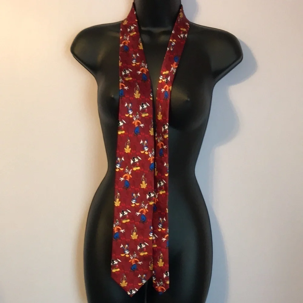 Mickey Unlimited Silk Handmade Mickey Donald Pluto Goofy Dark Red Necktie Retro
